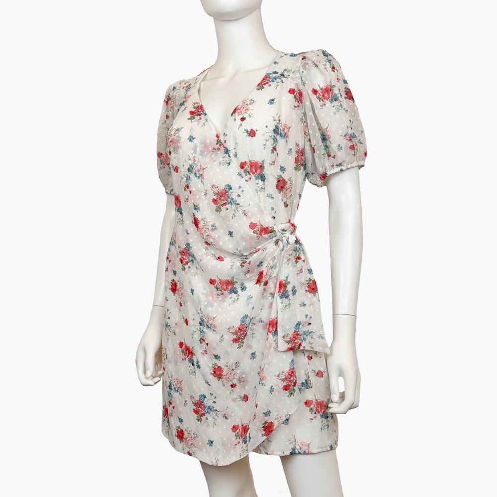 NWT COLLECTIVE CONCEPTS Sheer Floral V-Neck Wrap Mini Dress (White | Size S) - Picture 4 of 14